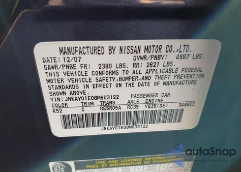 2008 Infiniti M35 z USA, uszkodzony, nr VIN JNKAY01E08M603122